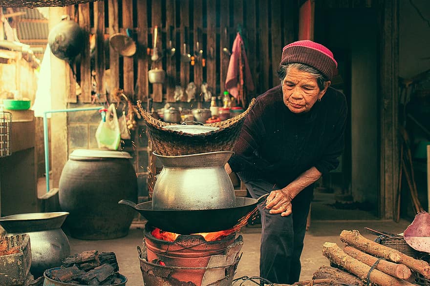 Firewood, Cooking, Grandmother, Woman, Old, Aged, Senior, Cook, Pot, Charcoal, Rice