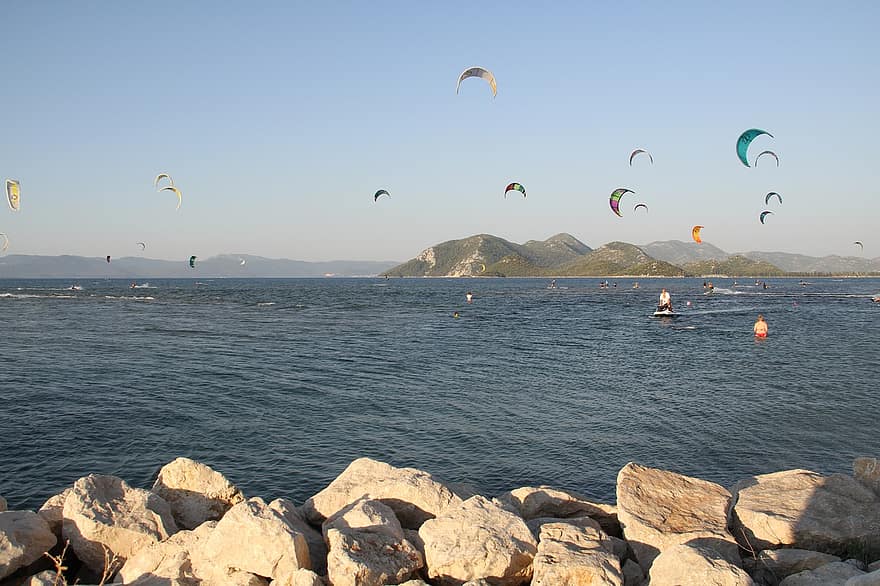 kitesurfing, hav, sommer, surfing, kiteboarding, ferie, sport, vandsport, eventyr, ocean, landskab
