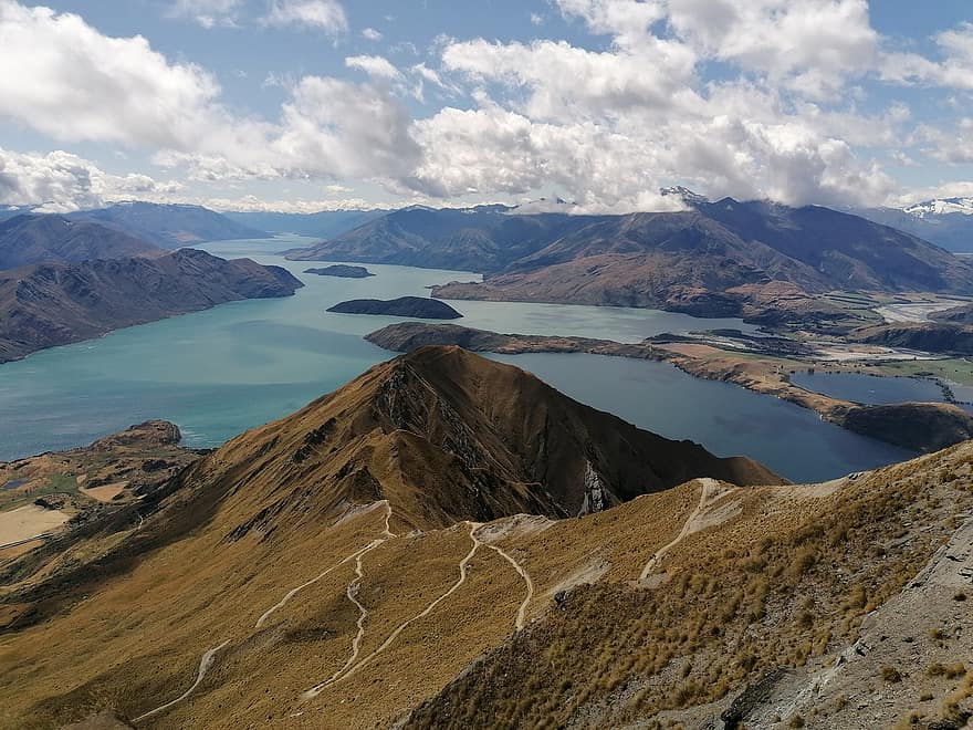 fjellene, New Zealand, innsjø, landskap, natur, naturskjønn utsikt, fjell, blå, vann, fjelltopp, sommer