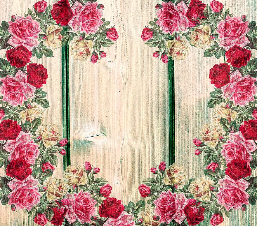 Roses, Vintage, Country House Style, On Wood, Romantic, Flowers, Bouquet Of Roses, Decoration, Background, Romance, Playful