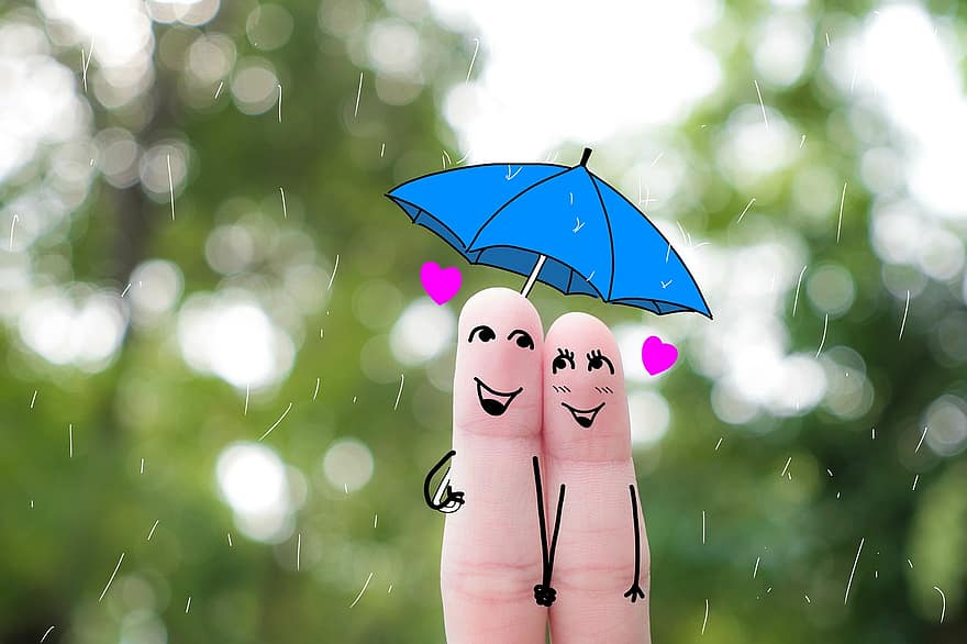 пальчикове мистецтво, пара, дощ, парасолька, щасливі, краплі дощу, серце, кохання, прихильність, романтичний, коханці