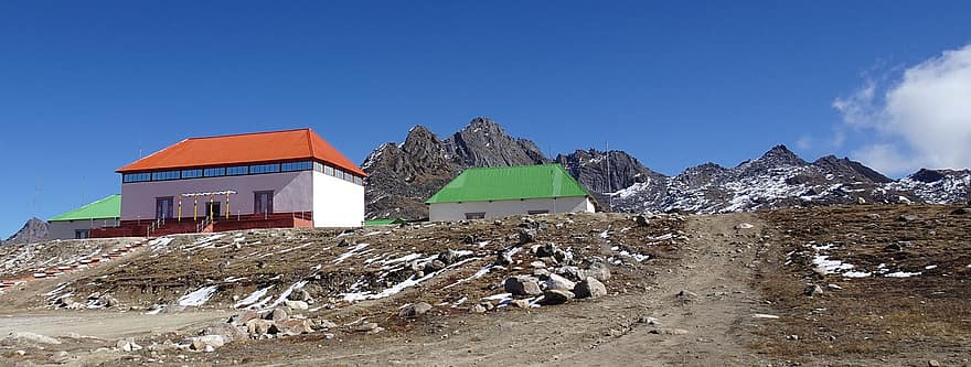 Bum La Pass, fronteira, montanha, alta altitude, Himalaia, prédios, Fronteira indo-tibetana, tawang, Arunachal, panorama, neve