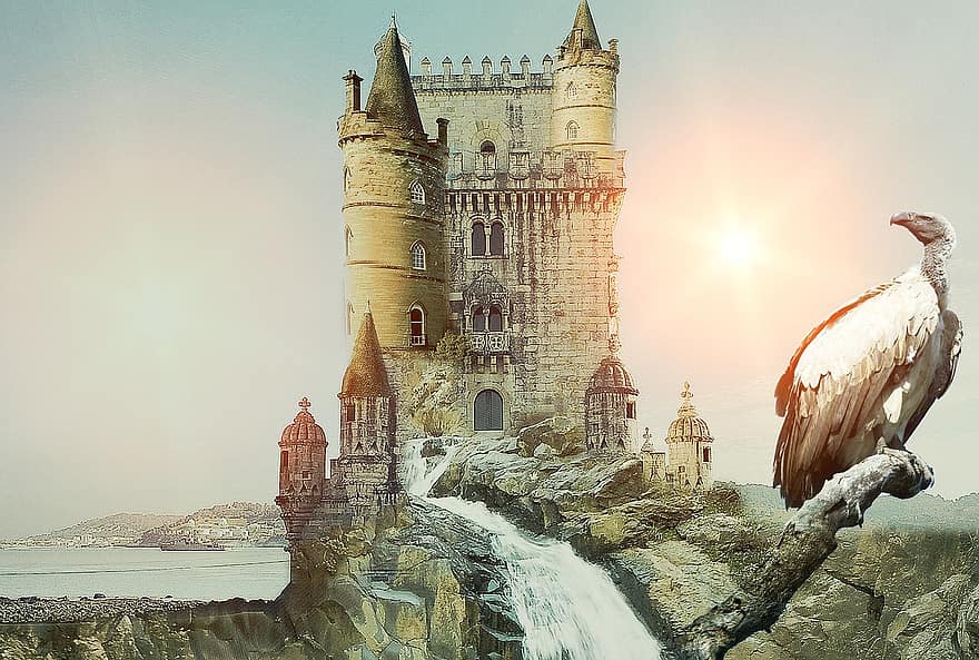 замок, гриф, водоспад, фантазія, середні віки