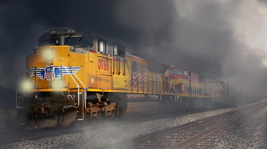 trem, névoa, transporte, frete, locomotiva, trilhos, atmosfera
