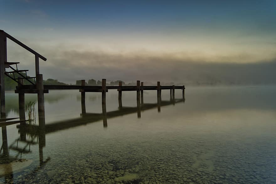 tó, természet, köd, móló, Ammersee, felhők