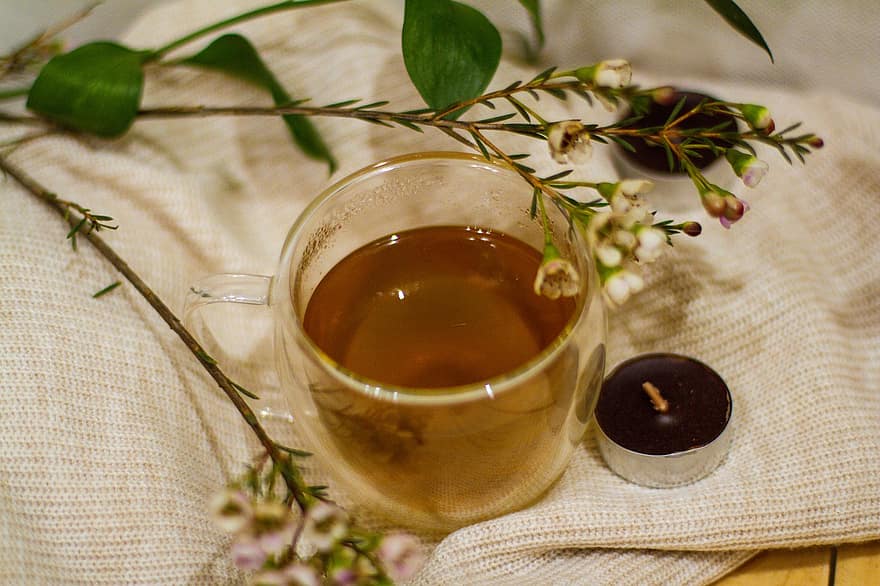 tēja, tasi, dzert, stikls, svece, tējas svece, ziedi, karsta tēja, zemniecisks, tuvplāns, svaigumu