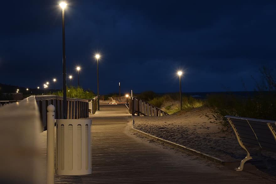 Evening, Pier, Beach, Lighting, Wooden Path, Street Lights, Street Lanterns, Coast, Promenade, Night, Outdoors