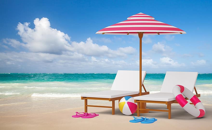 bờ biển, ô, biển, kỳ nghỉ, Bóng bãi biển, đại dương, Nước, sóng, cát, mùa hè, những cái ghế xếp