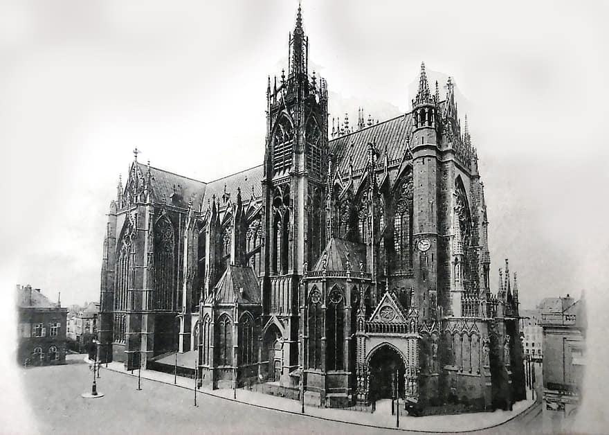 vykort, dom, katedral, kyrka, religion, metz, frankrike, 1908, gammal, byggnad, himmel
