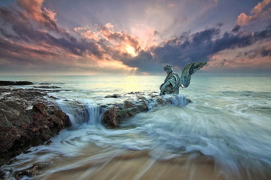 engel, statue, hav, fantasi, vann, kyst, strandlinjen, solnedgang, himmel, skyer, natur