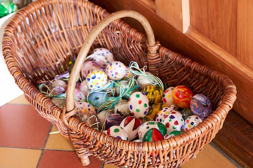 Páscoa, ovo, ovos, cesta, feito â mão, pintar