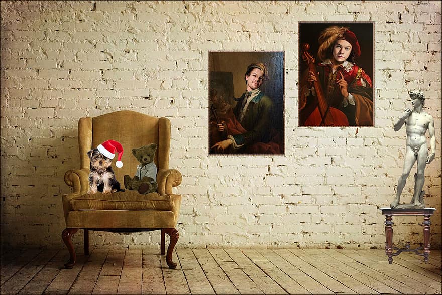 Изобразительное искусство, кресло с подлокотниками, собака, плюшевый медведь, стена, статуя