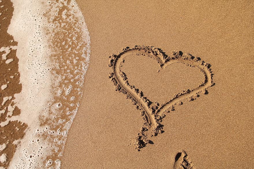 cœur, plage, le sable, forme de coeur, coeur de sable, écume, eau, rive, rivage, amour, sablonneux