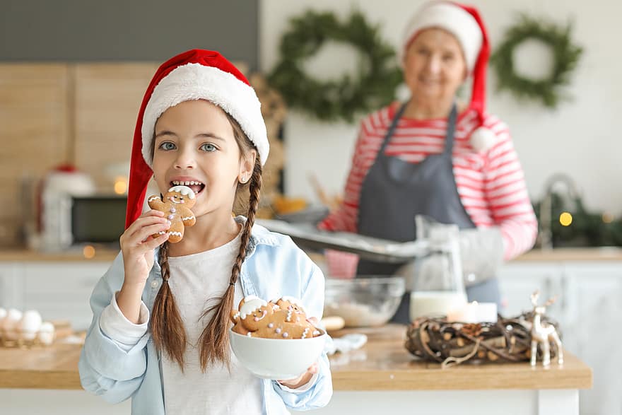 Natale, ragazza, biscotto, Pan di zenzero, uomo, cucina, vacanza, cottura al forno, dolce, generazioni, cappello