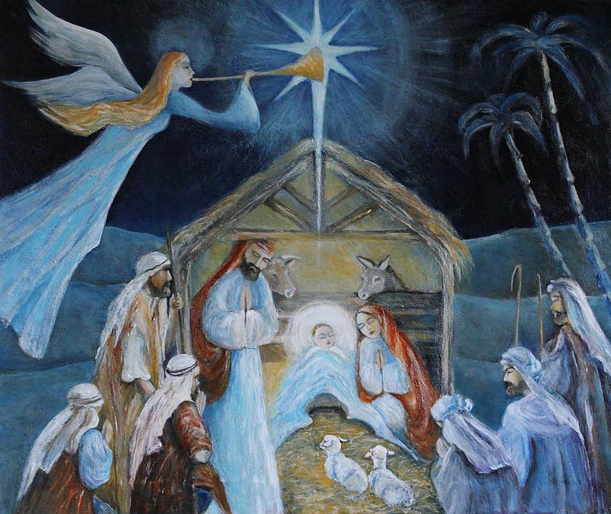 vauva-Jeesus, Joulun maalaus, tausta, joulu tapetti, uskonnollinen vakaumus, kortti-, akryylimaalaus, kaukalo, uskonto, taide, pyhä