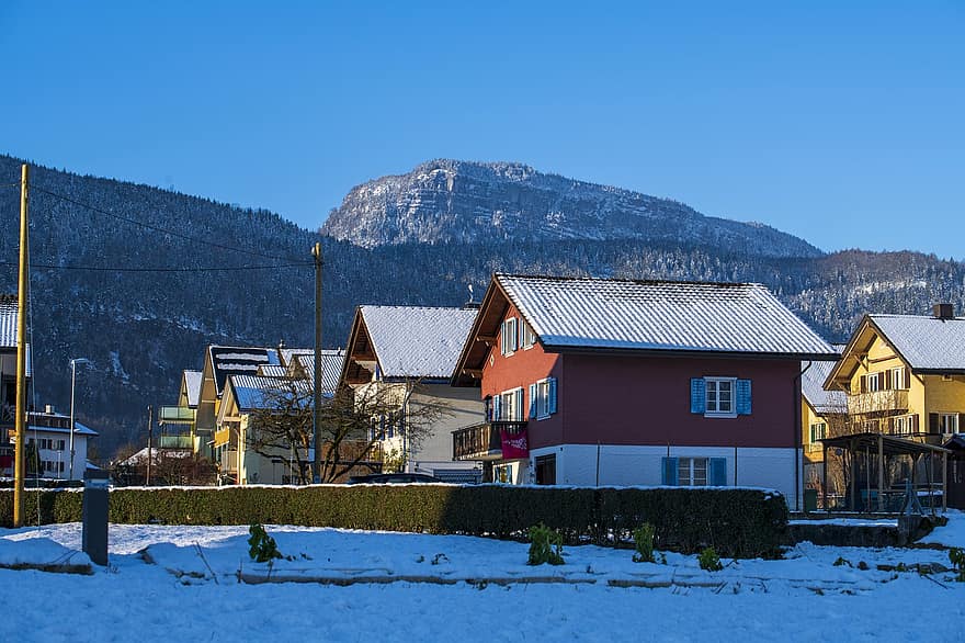 huis, cabine, hut, mist, bergen, winter, sneeuw, berg-, ijs-, architectuur, landschap