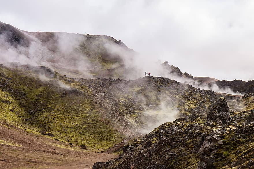 Hills, Rocks, Smoke, Thermal Springs, People, Tourists, Steam, Travel Destination, Mountains, Landscape, Countryside