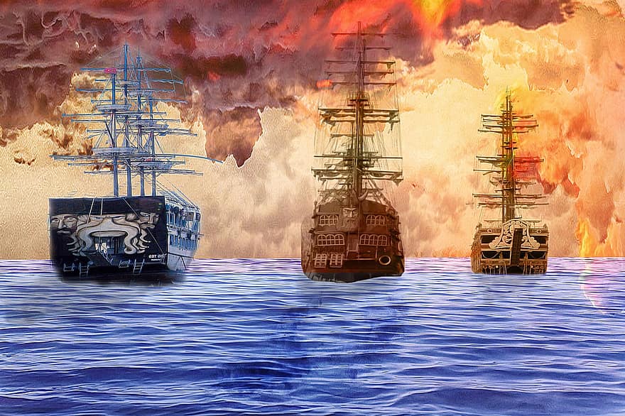 समुद्री लुटेरे, समुंद्री जहाज, जलयात्रा जहाज़, समुद्री डाकू का जहाज, नौसैनिक युद्ध