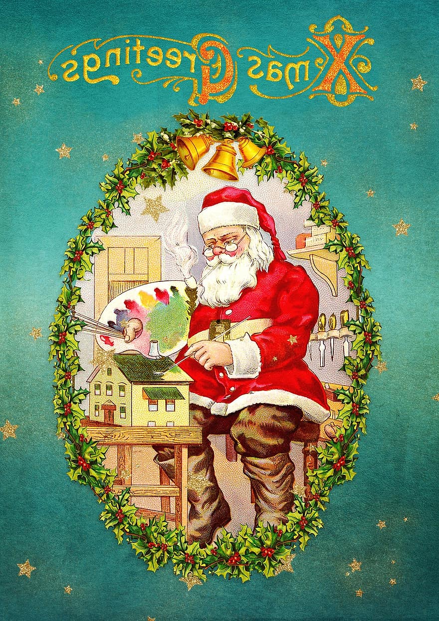 Santa Claus, Scrapbook, Stars, Glitter, Toy, Christmas, Vintage, Antique, Mistletoe, Frame, Christmas Card