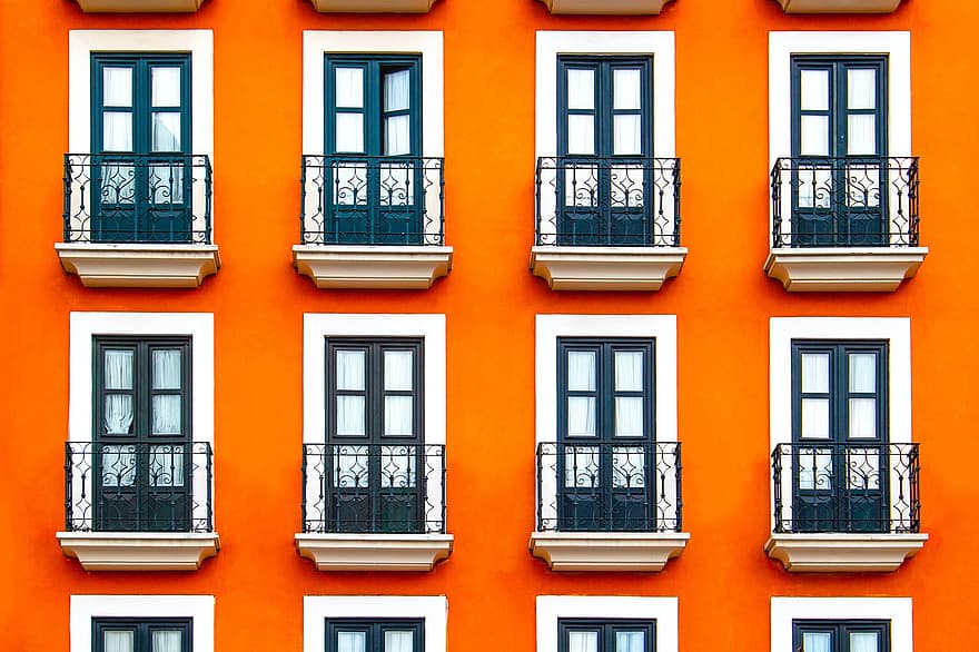 fönster, orange, Fasad, byggnad, balkonger, fönsterpaneler, arkitektur, strukturera