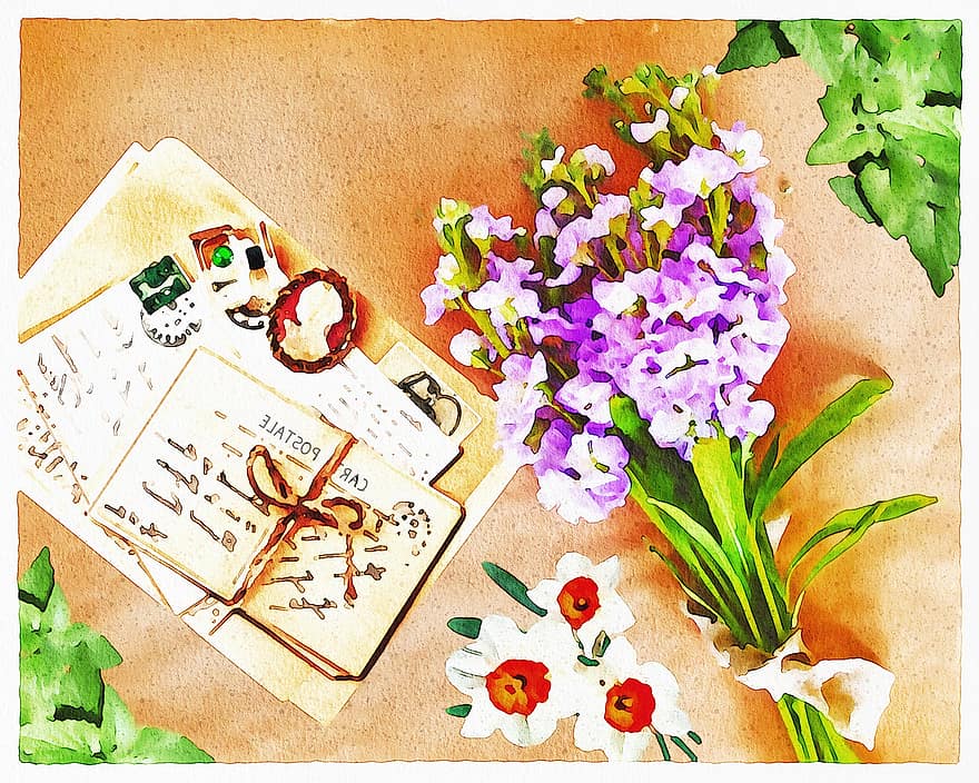 aguarela, floral, ainda vida, vaso, vaso de flores, cartas, livro, natureza, pintura, ramalhete, página de recados