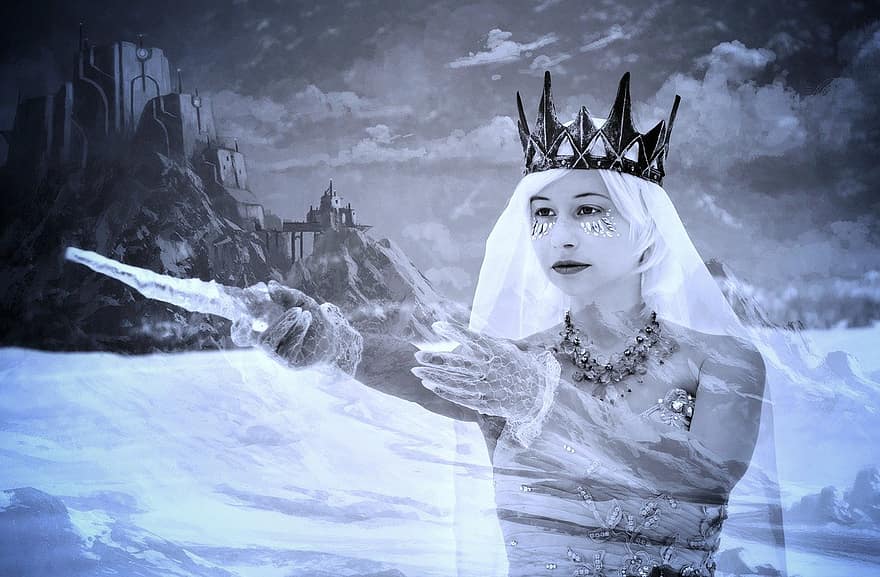 sniego karalienė, žiemą, pilis, moterys, karūną, vienas asmuo, grožis, suaugusiųjų, mada, princesė, krikščionybė