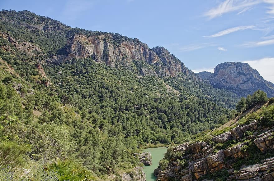 スペイン、アンダルシア、マラガ県、山岳、丘、谷、岩、rio guadalhorce、フロー、水、風景