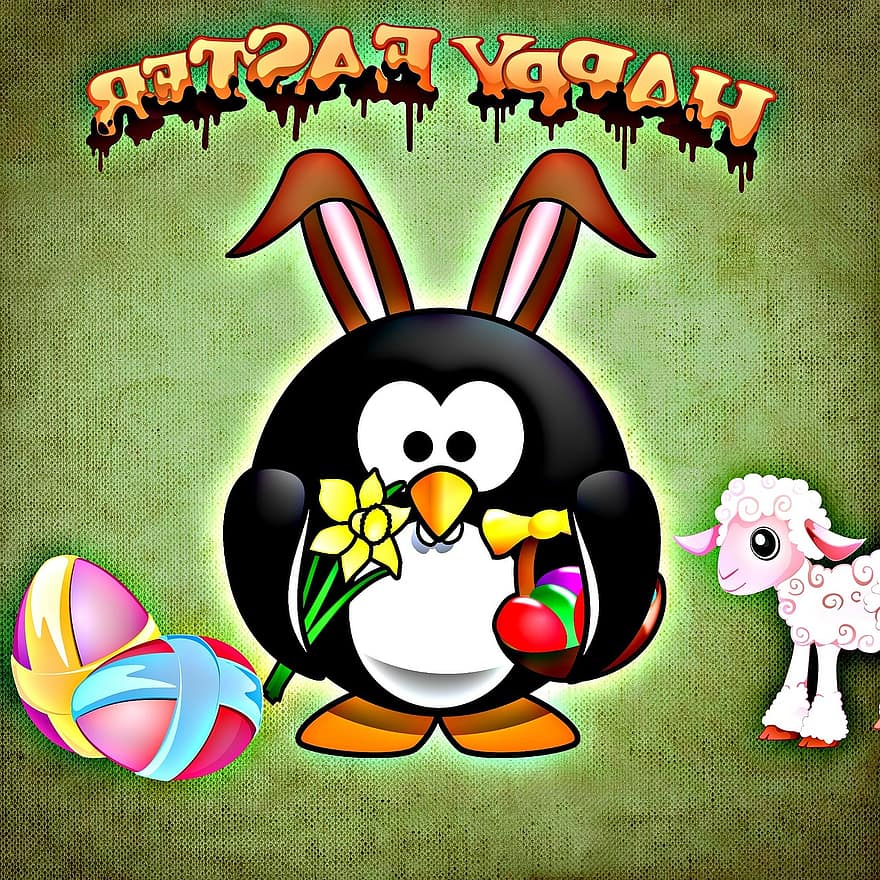 húsvéti, üdvözlőlap, vicces, pingvin, Bárány
