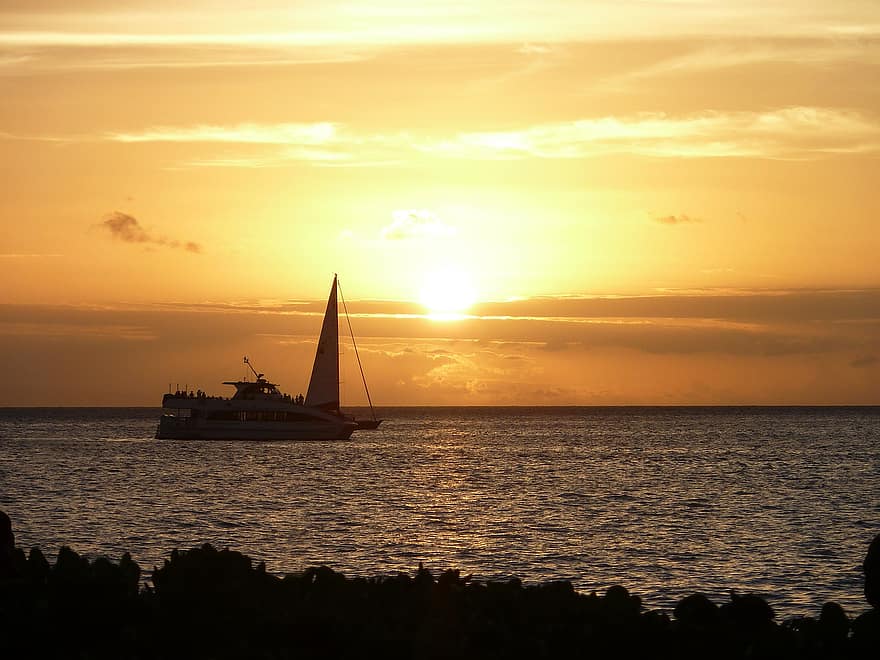 Sunset, Ocean, Sea, Maui, Travel, nautical vessel, dusk, sailboat, sailing, water, sun