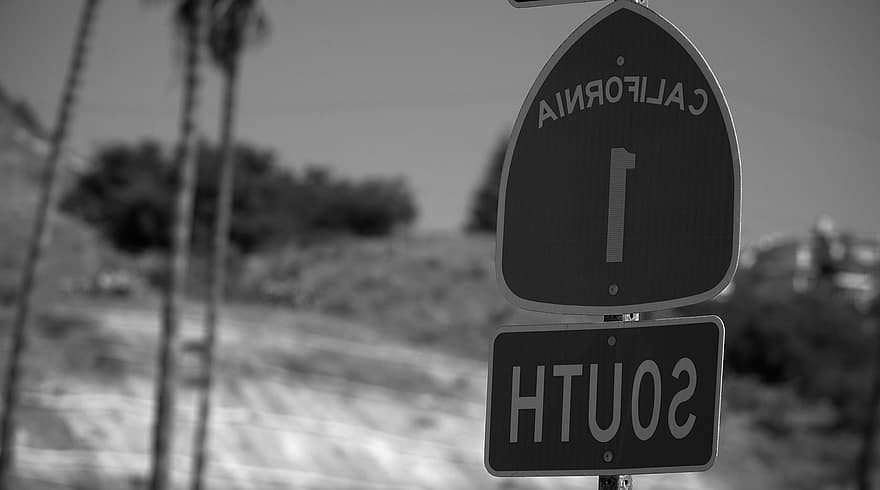 Sign, California, Usa, America, road sign, directional sign, traffic, black and white, direction, transportation, information sign