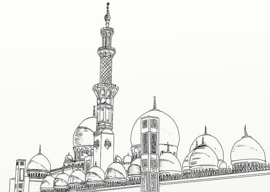 mesquita, construção, desenhando, arquitetura, torre, islamismo, religião, muçulmano