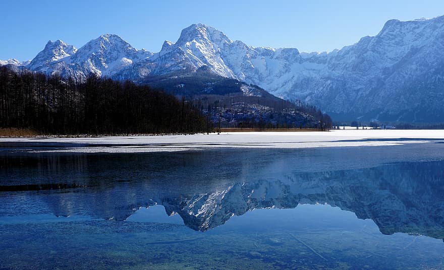 montanhas, lago, espelhamento, montanhas de neve, Alpes, alpino, reflexão, reflexão de água, inverno, gelo, frio