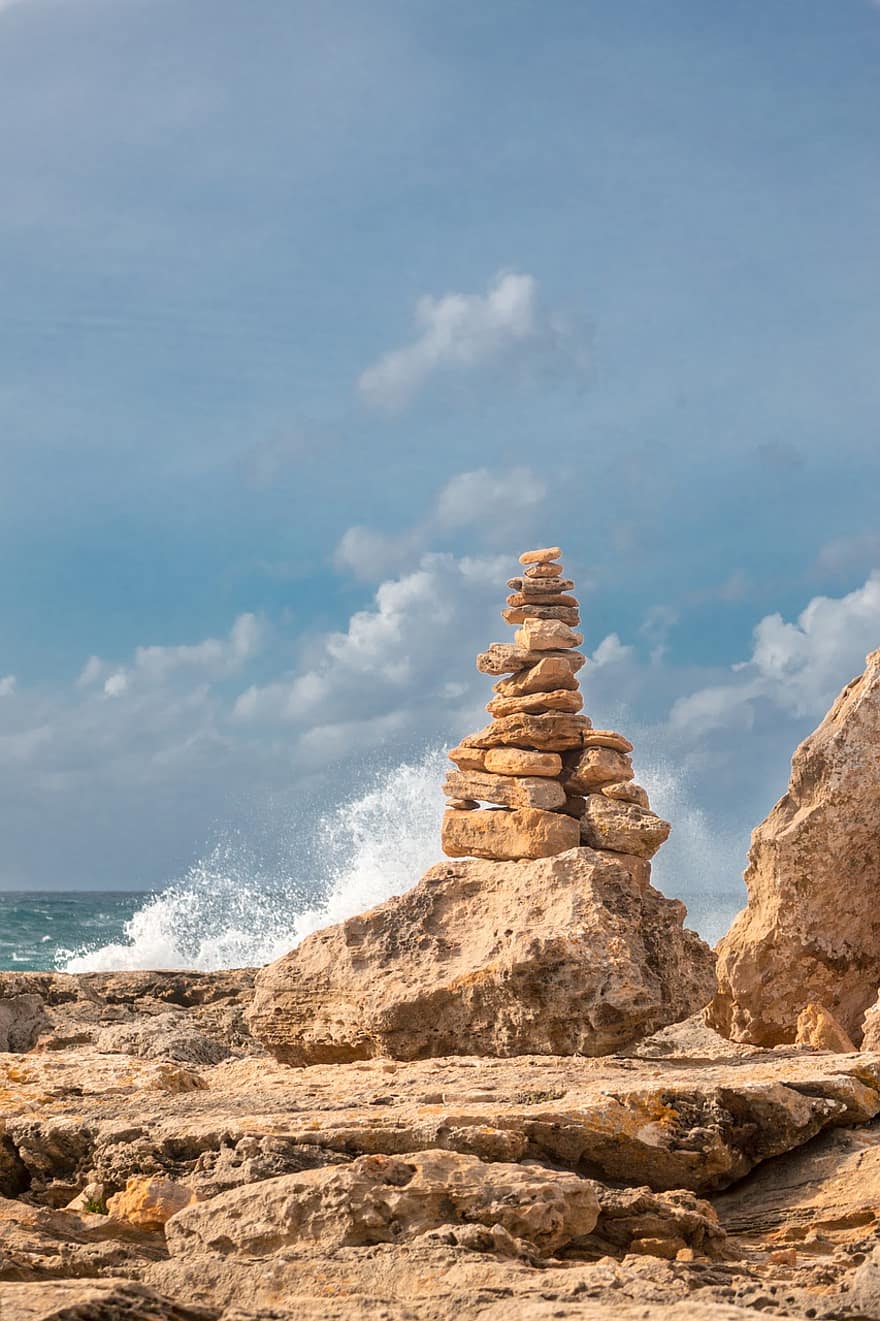 strand, rots in evenwicht brengen, kust-, kust, zee, Middellandse Zee, landschap, rotsen, stenen, stenen in evenwicht brengen, rots stapelen