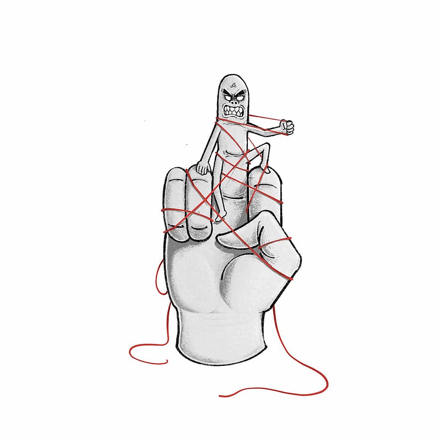 mano, enojado, cuerda, dedos, personaje, línea roja, caricatura, pintura, rebelión, revolución, ilustrador