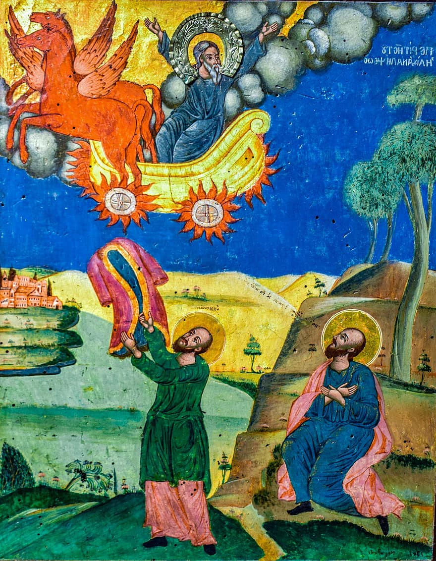 Himmelfart av profeten Elias, ikon, bysantinsk, bysantinsk museum, Makrinitsa, Hellas, ikonografi, ortodoks, Religion, kristendom, maleri