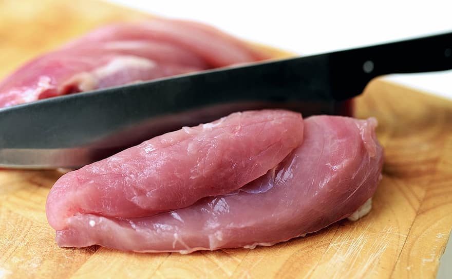 gaļu, nazis, mājputniem, ēdiens, neapstrādātas, vistas gaļa, karbonāde, griezt, jēla gaļa