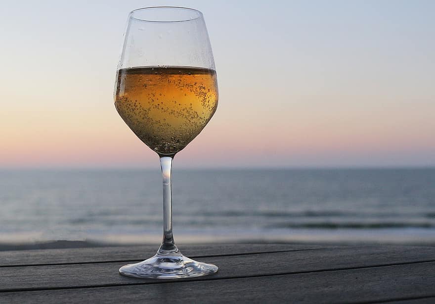 vin, glas, strand, hvidvin, alkohol, drikke, romantisk, skumring, hav