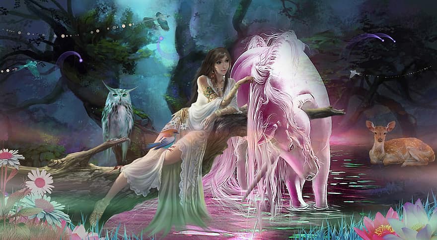 kadın, tek boynuzlu at, fantezi, orman, tasavvufi, rüya, büyülü, melek, peri, kelebek, sihirli