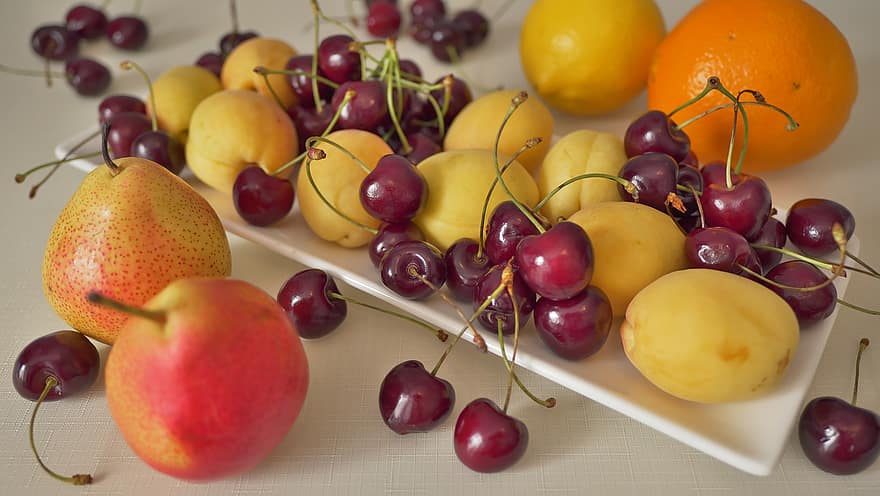 pære, sitron, fersken, kirsebær, frukt, tallerken, ernæring, sunn, vitaminer, dessert, søt