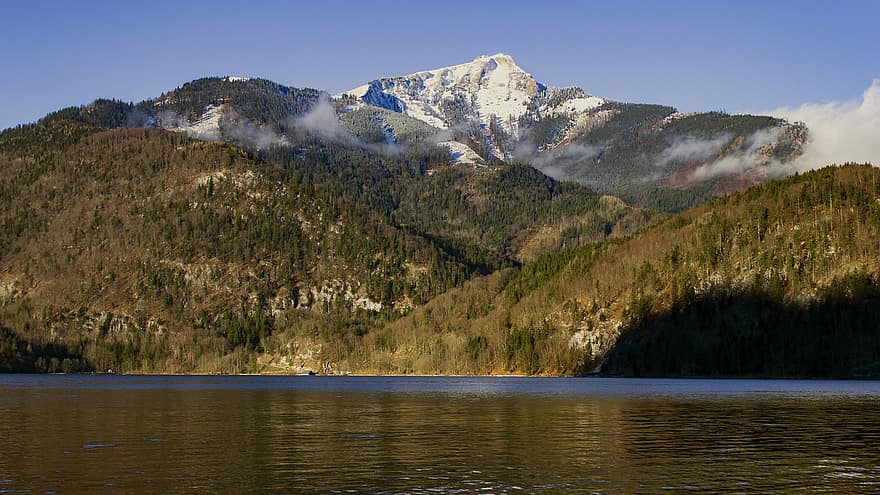 aitu kalns, Wolfgang ezers, Austrijā, salzkammergut, ezers, salzburg, kalns, mežs, ainavu, vasarā, ūdens
