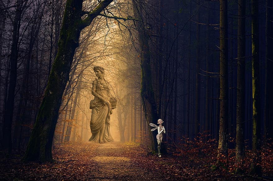 Statue, Animated, Golem, Living, Forest, Road, Trail, Fairy, Pixie, Mystic, Fantasia