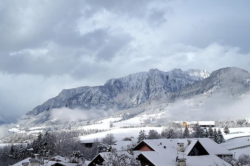 село, сніг, гори, зима, хмари, туман, туманний, будинків, дахи, холодний, на відкритому повітрі