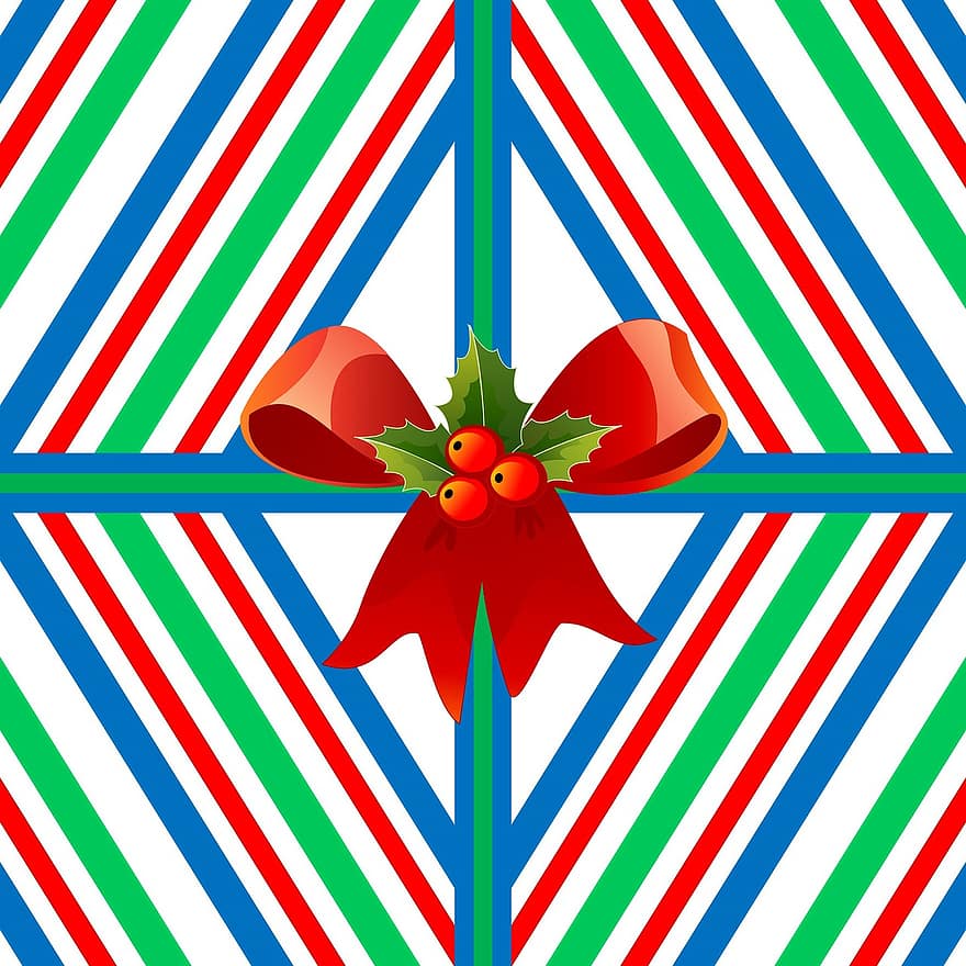 Christmas, Present, Gift, Red, Bow, Holly, Ribbon, Blue, Green, Stripes, Diamond