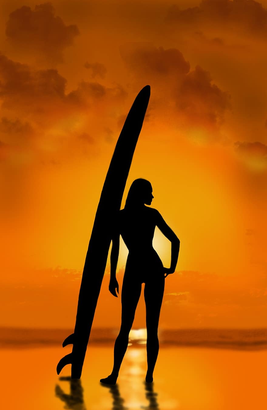 surfista, prancha de surfe, por do sol, mulher, silhueta, menina, surfe, de praia, mar, oceano, luz solar