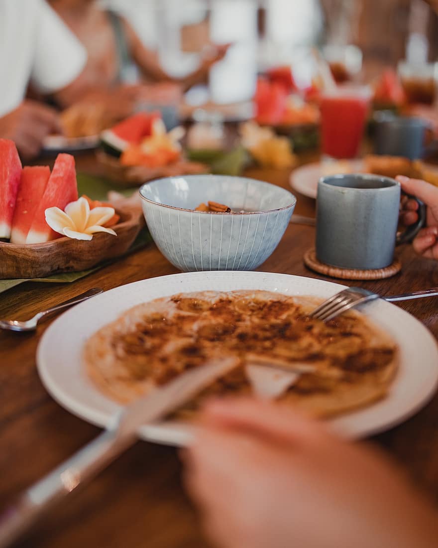 Pancakes, Breakfast, Brunch, Bali, Indonesia, food, table, meal, plate, eating, human hand