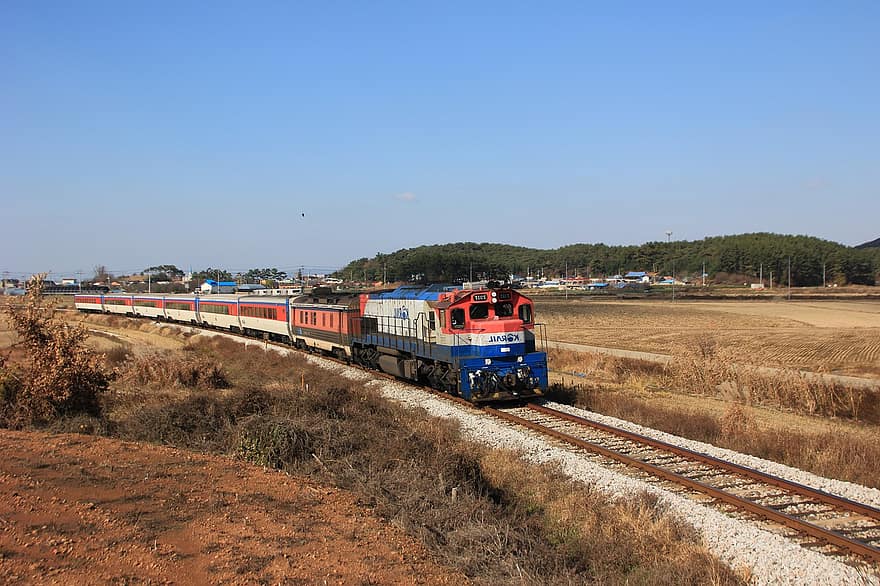 pociąg, wiejski, transport, na dworze, podróżować, przygoda, Korea, gunsan, popędzać, szyna, lokomotywa