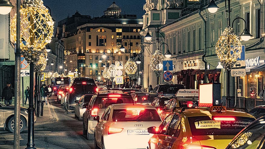 mobil, lalu lintas, jalan, kota, bangunan, lampu, malam, moscow, diterangi, Cityscape, kehidupan kota