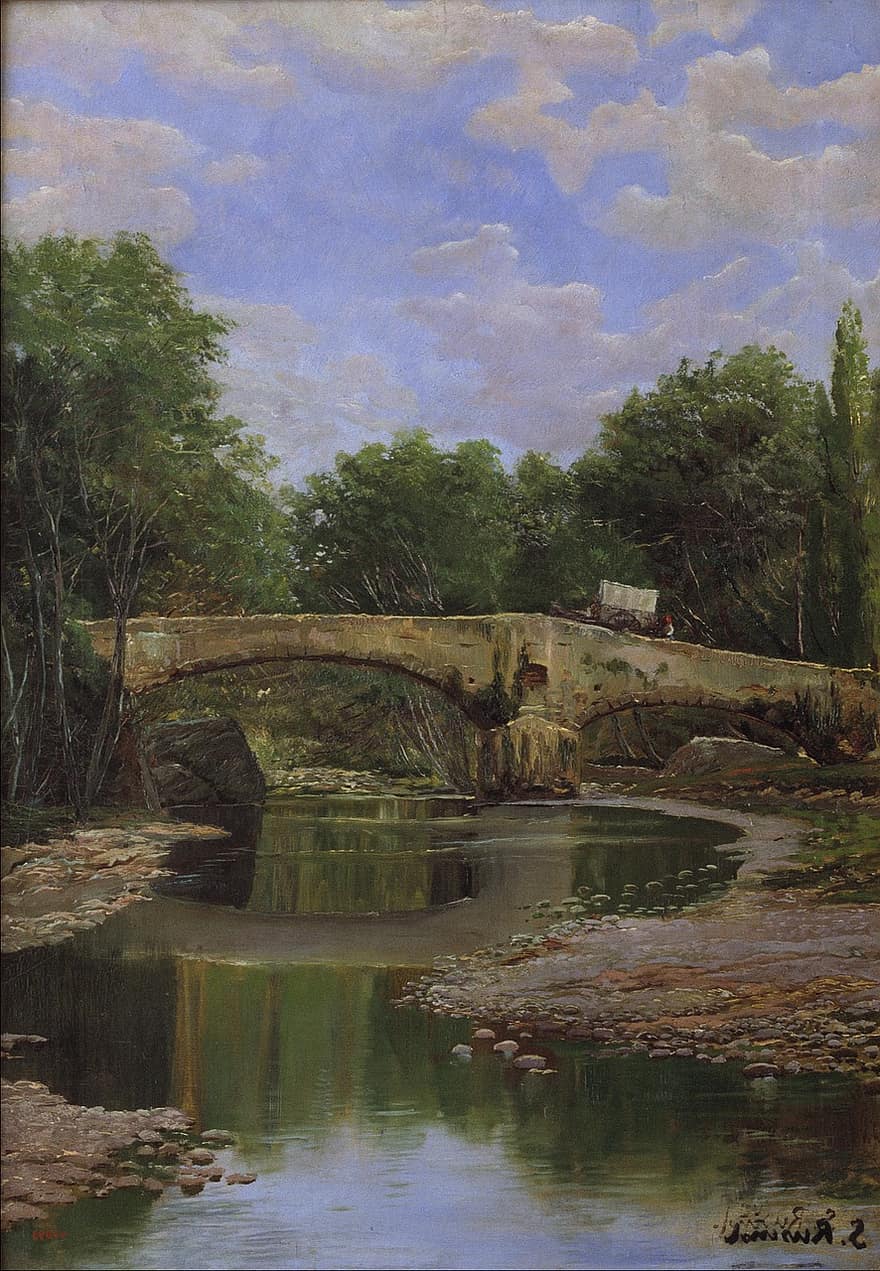 Painting, Art, Artistic, Artistry, Oil On Canvas, Bridge, Covered Wagon, Sky, Clouds, Trees, Stream