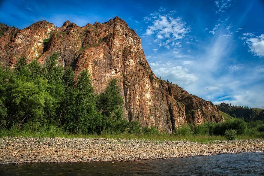 Berg, Russland, Fluss, Natur, Khakassia, Landschaft, Rock, Cliff, Wald, Sommer-, Blau