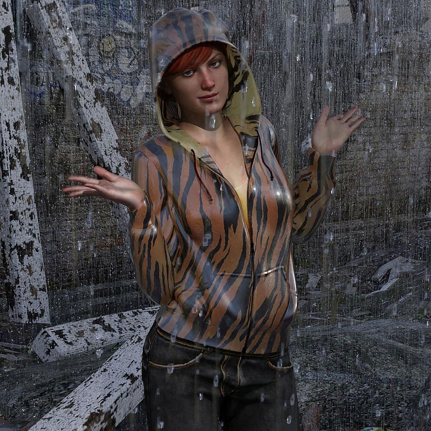 avatar, gaming, kvinna, regn, spelare